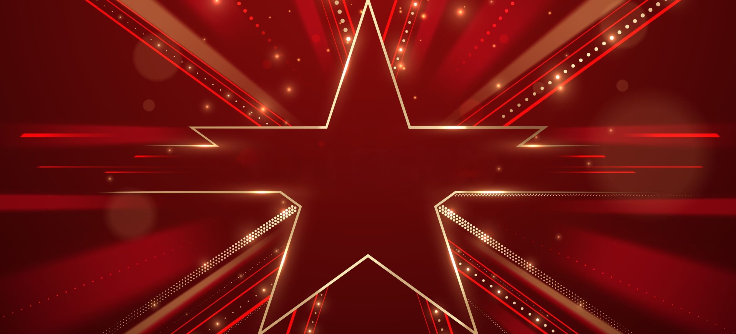 Red luxury award ceremony background with moving gold stars, light beams and ribbon decorations.