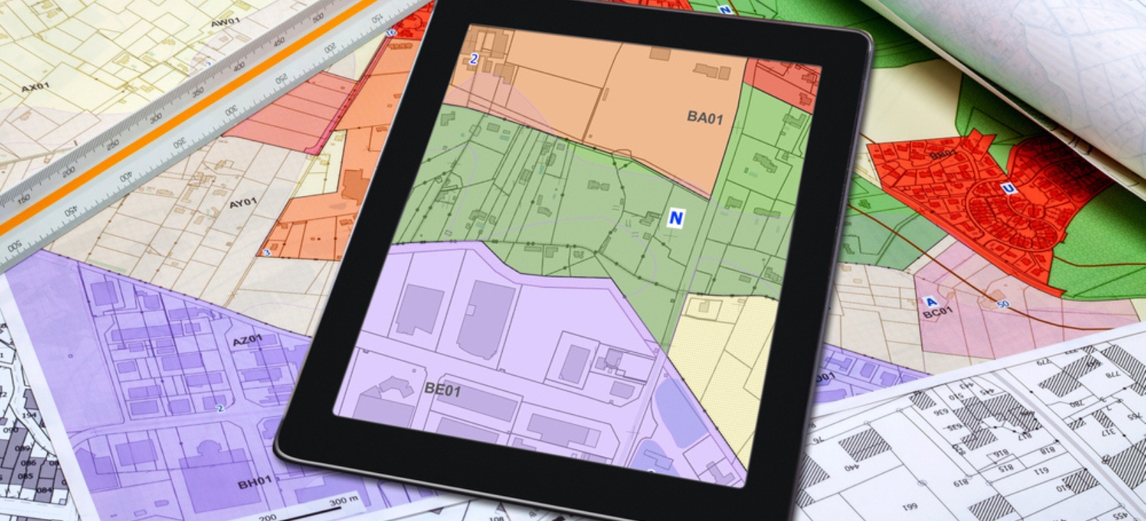 Tablet displaying a colour-coded property and zoning map on top of survey plans, representing land boundaries and ownership.