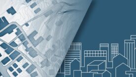 Abstract urban landscape design featuring a topographic map on one side and simplified building outlines on a blue background.