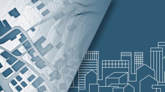 Abstract urban landscape design featuring a topographic map on one side and simplified building outlines on a blue background.