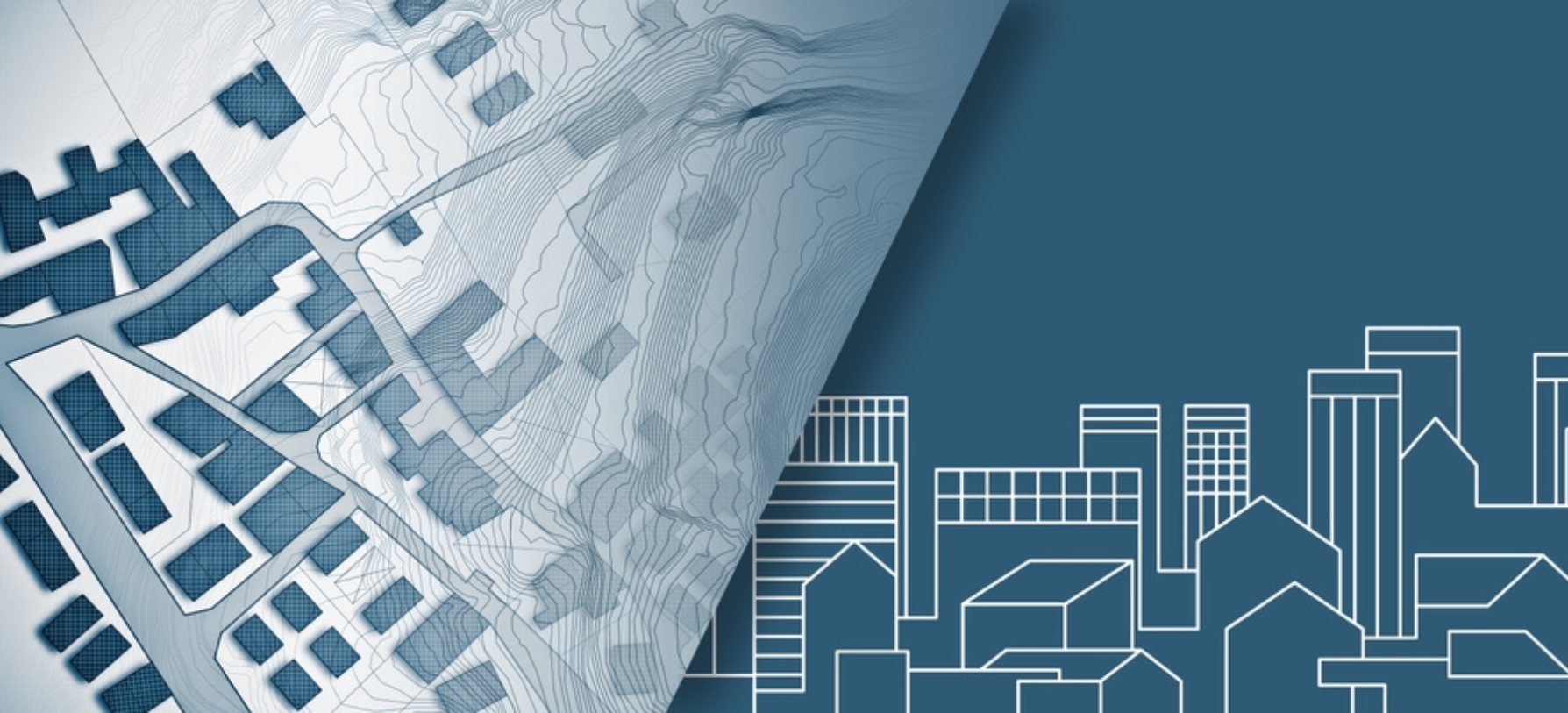 Abstract urban landscape design featuring a topographic map on one side and simplified building outlines on a blue background.