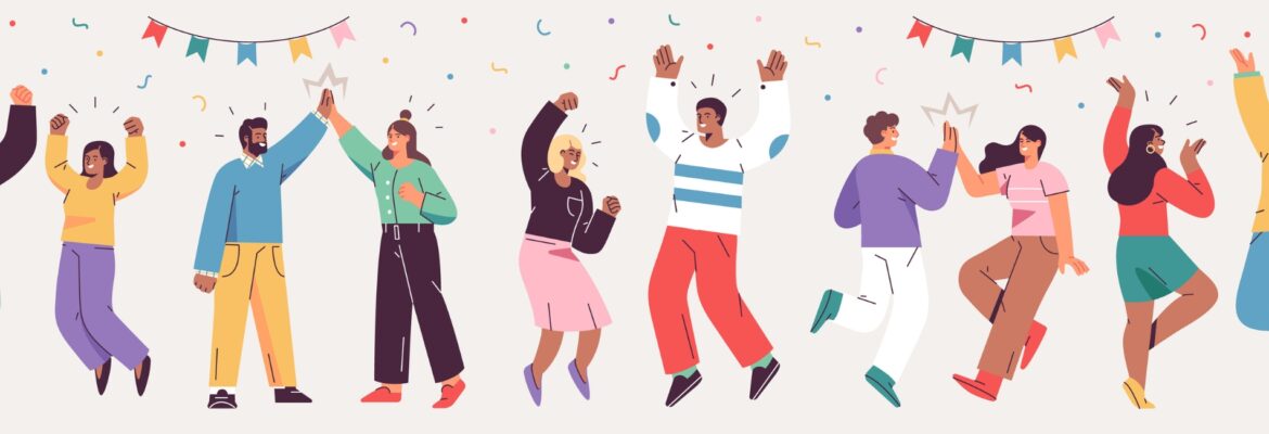 A diverse group of people joyfully celebrating, dancing, and cheering, surrounded by colorful confetti and decorative banners.