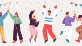 A diverse group of people joyfully celebrating, dancing, and cheering, surrounded by colorful confetti and decorative banners.