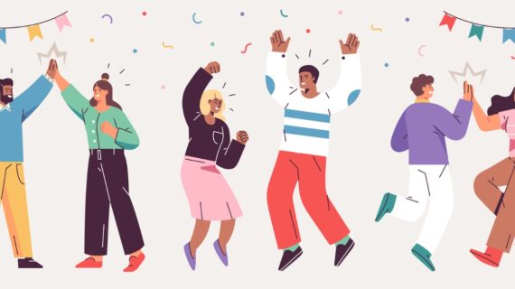 A diverse group of people joyfully celebrating, dancing, and cheering, surrounded by colorful confetti and decorative banners.