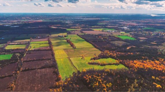 Vast patchwork of farmland and forests under a cloudy sky, showcasing vibrant green and golden autumn hues stretching to the horizon.