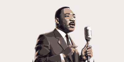 A stylized figure in a suit holds a microphone, with a city skyline silhouette at the bottom against a light background.