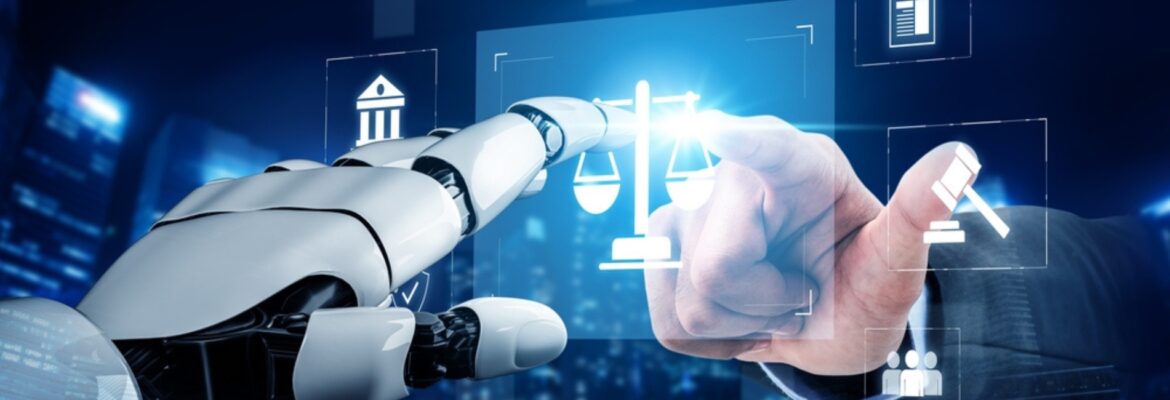 A robotic hand interacts with a digital interface displaying legal symbols like scales, a gavel, and a courthouse, representing AI in law.