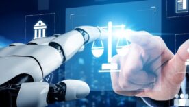 A robotic hand interacts with a digital interface displaying legal symbols like scales, a gavel, and a courthouse, representing AI in law.