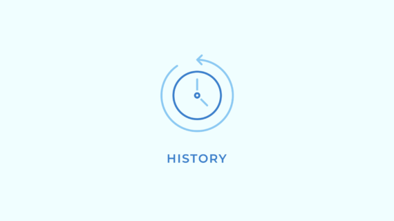 Icon of a clock with a circular arrow around it, symbolizing history, on a light blue background with the word "HISTORY" below.