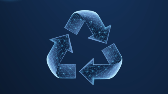 Glowing digital recycling symbol made of interconnected blue lines and dots on a dark blue gradient background.