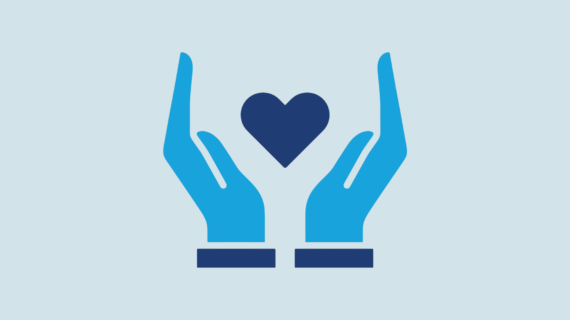 Two blue hands surrounding a dark blue heart on a light blue background, symbolizing care and support.