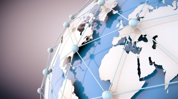 3D globe showing Europe, Africa, and parts of the Americas connected by a network of nodes and lines symbolizing global communication.