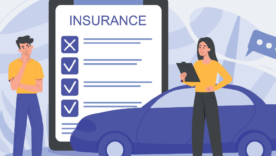 Illustration of a man and woman reviewing a car insurance checklist beside a blue car, with the woman holding a clipboard.