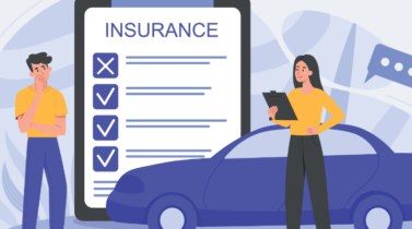 Illustration of a man and woman reviewing a car insurance checklist beside a blue car, with the woman holding a clipboard.
