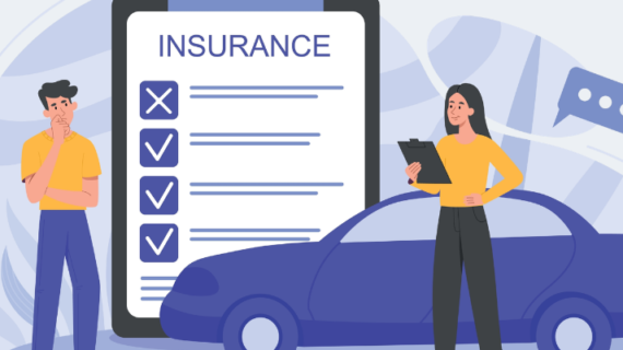 Illustration of a man and woman reviewing a car insurance checklist beside a blue car, with the woman holding a clipboard.