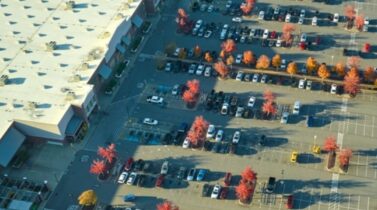 Aerial view of a parking lot with rows of cars and trees with autumn foliage near a large building.