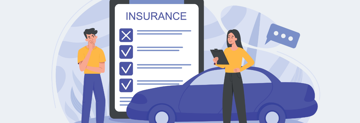 Illustration of a man and woman reviewing a car insurance checklist beside a blue car, with the woman holding a clipboard.