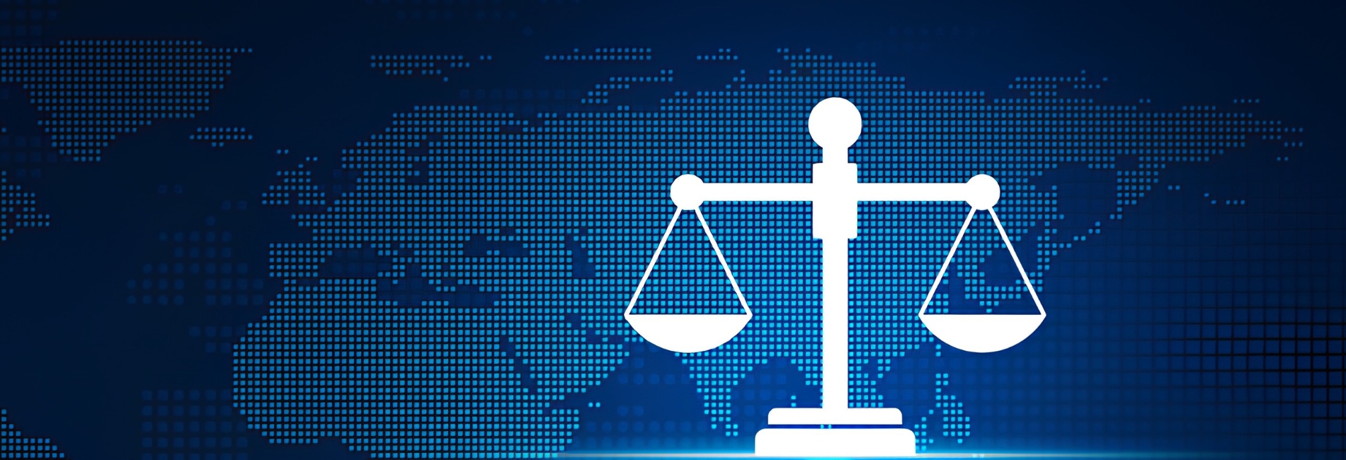 Digital scales of justice icon over a blue pixelated world map background, symbolizing global law and balance.