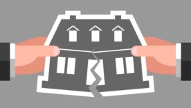 Two hands are tearing icon of house over gray background