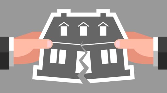 Two hands are tearing icon of house over gray background