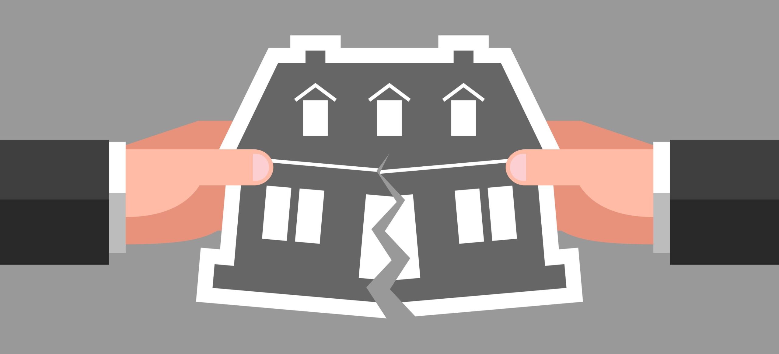 Two hands are tearing icon of house over gray background