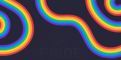 Colorful wavy rainbow lines on a dark background with faint text "lgbt PRIDE MONTH" in the center.