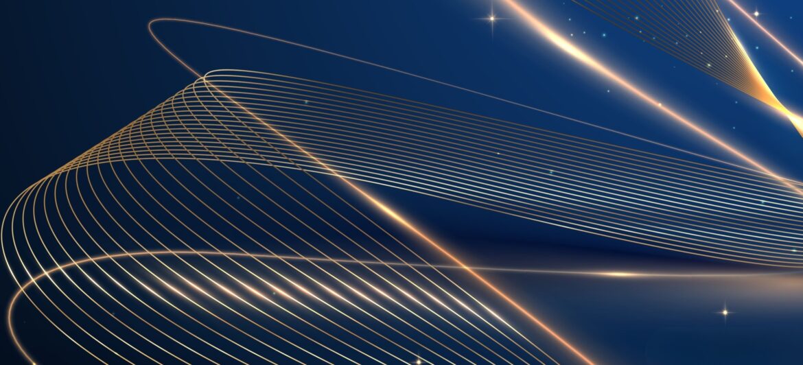 Abstract luxury gold line curve pattern wave on blue background with glowing neon lines and sparkling stars
