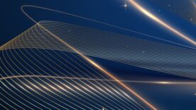 Abstract luxury gold line curve pattern wave on blue background with glowing neon lines and sparkling stars
