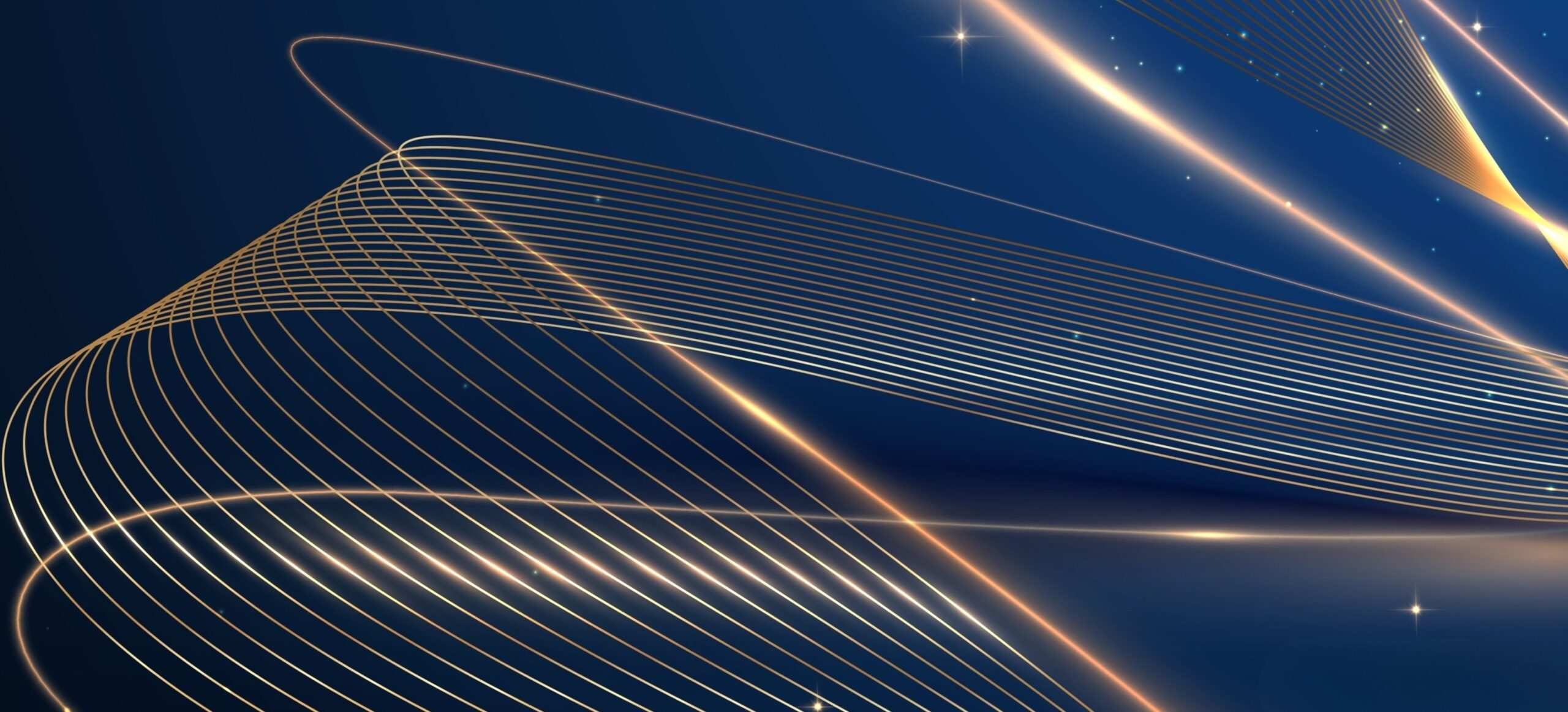 Abstract luxury gold line curve pattern wave on blue background with glowing neon lines and sparkling stars