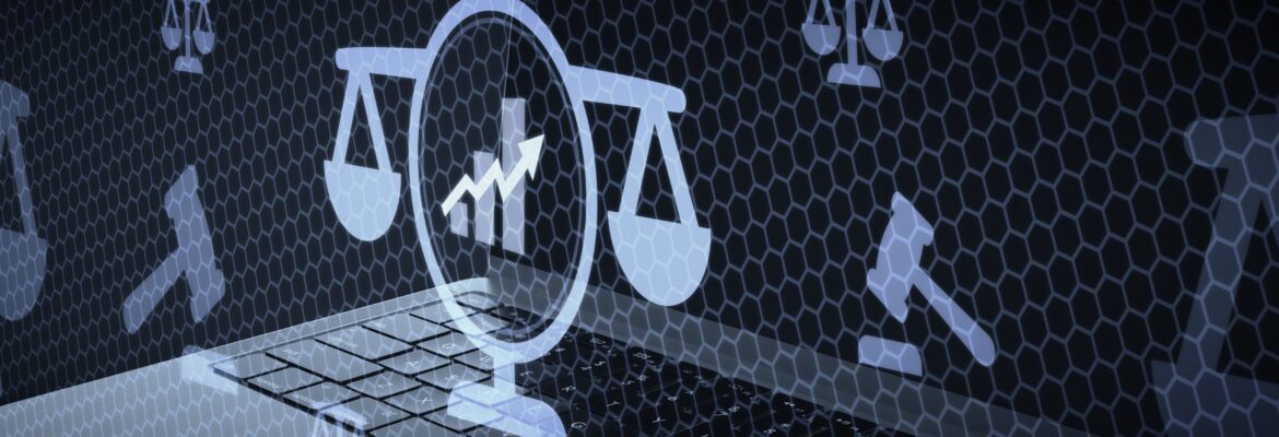 Digital Trade and Market Law Concept with Scales of Justice and Growth Graph on Laptop Background