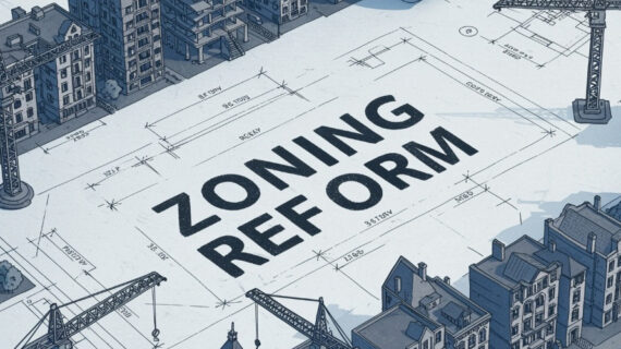 Illustration of a blueprint marked "zoning reform," surrounded by miniature construction cranes and buildings