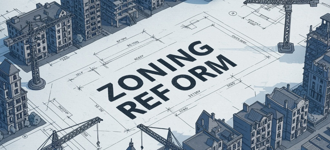 Illustration of a blueprint marked "zoning reform," surrounded by miniature construction cranes and buildings