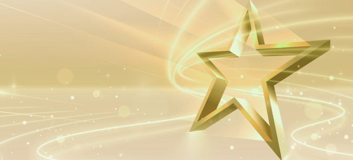 Golden star frame with glowing neon lines and bokeh effect. Luxury background for award ceremony or product promotion.